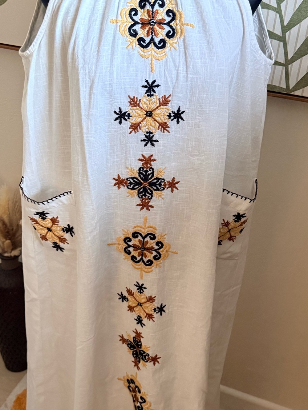 Solitaire White Embroidered Pocketed Maxi Dress with Tan and Black Accents - Picture 7 of 7